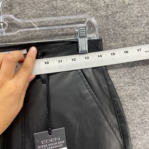 New Eden Pants Women 2 Black Super High Rise 90's Straight Sofia Faux Leather - Picture 6 of 13